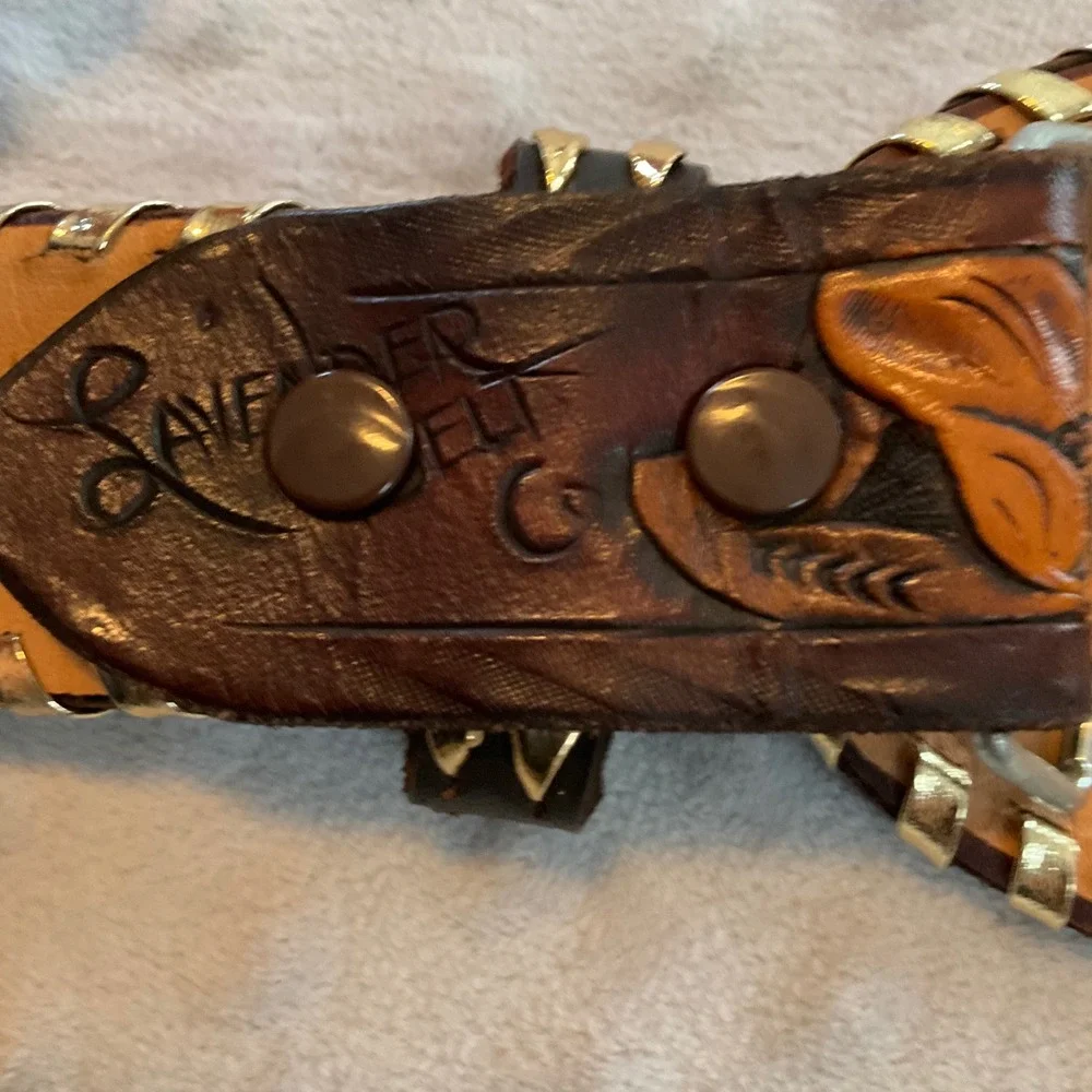 Hand Tooled Western Leather Belt Jimmie JU Brown‎ Gold Floral Cowboy Rodeo Men
